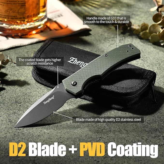 Praxis Pocket Knife, 2.9" D2 Steel Folding Knife with G10 Handle PVD Titanium Coating Blade Lightweight for every day carry