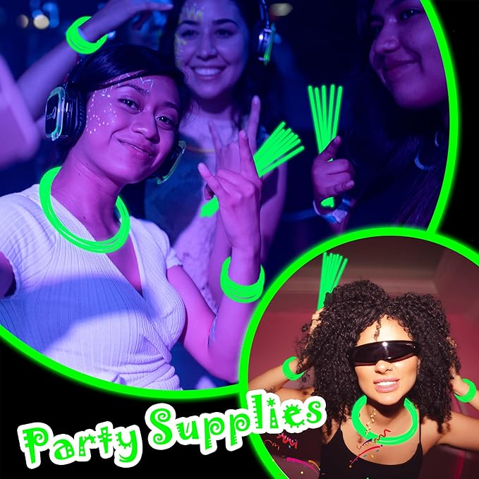 100 pk 8" Glow Sticks Bulk Party Favors, Light up Glow Necklaces & Bracelets in the Dark Party Supplies For Christmas Halloween St. Patrick Birthday Neon Party (100 * Green)