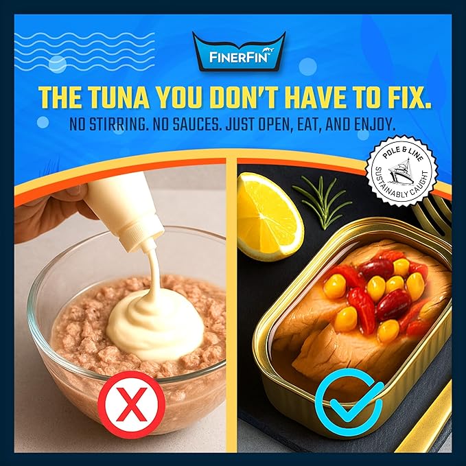 FinerFin Yellowfin Tuna In Organic Olive Oil ??Mexicana Salad Flavor (4.4oz can - 6 Pack); Premium Canned Fish with EVOO, Gourmet Ready-to-Eat Fillets, Wild-Caught