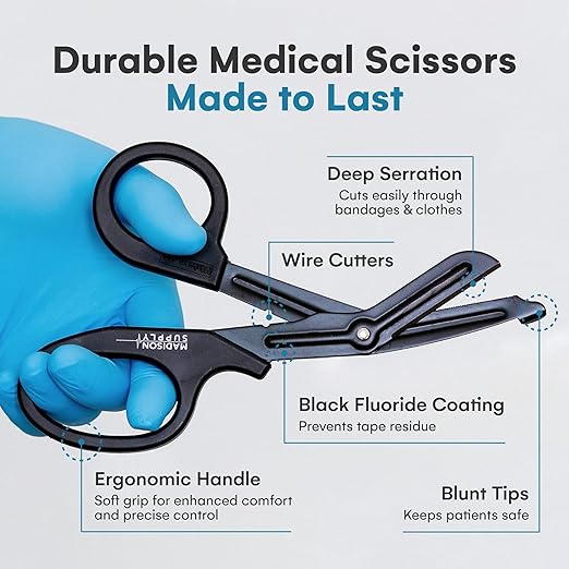 Madison Supply Medical Scissors - 7.5 Inch Stainless Steel Trauma Shears - Fluoride-Coated Non-Stick Scissors for EMT, Nurses, and First Aid Kits - 4 Pack, in 4 Colors, Black, Green, Orange, Red