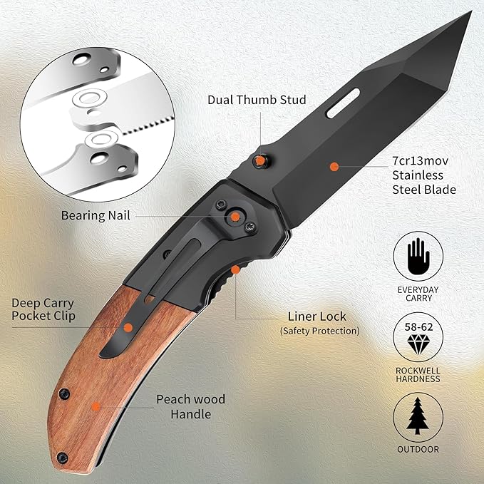 Vickay Pocket Knife, Folding Knife with Clip - 3.54??Steel Blade, Wood Handle EDC Knife for Men & Women, Outdoor Camping, Hunting, Hiking, Fishing - Father?™s Day Gift (Black)