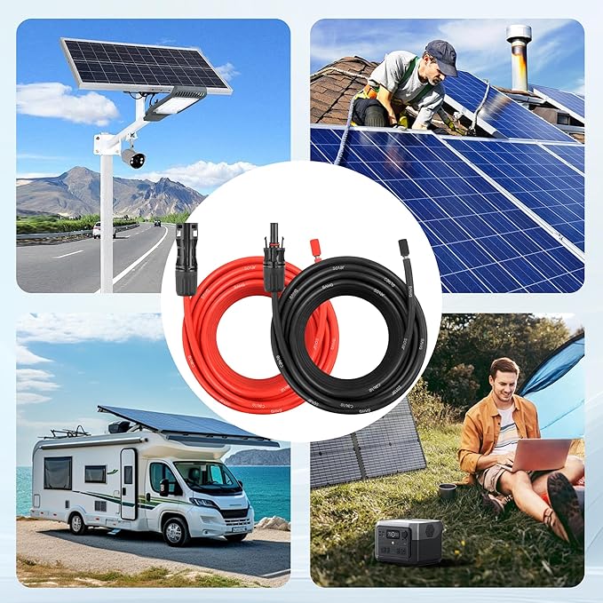 25 FEET 8AWG Solar Panel Extension Cable,8 Gauge Extension Cord, Solar Panel Wire with Extra Fair of Female and Male Quick Connectors Solar Adapter for RV, Off-Grid Systems (25FT Red + 25FT Black)