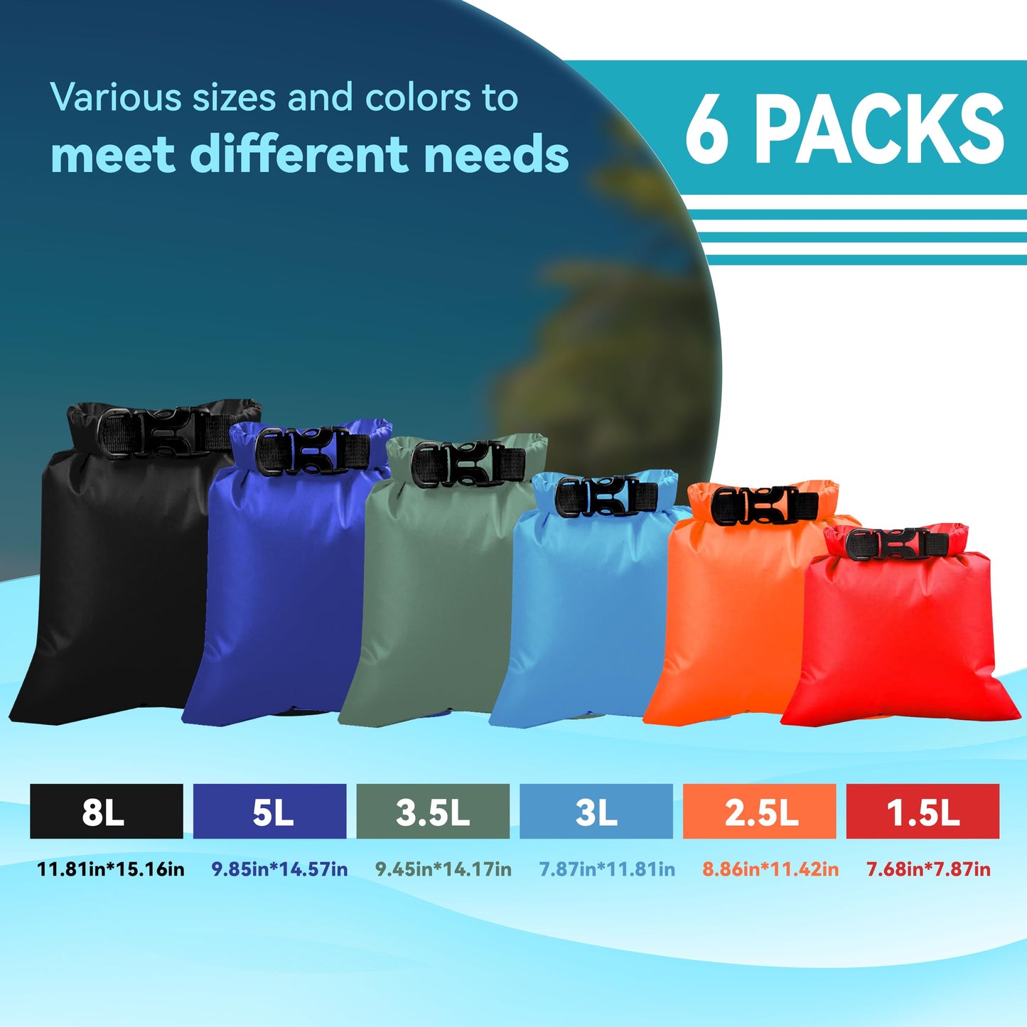ILZAR 6PCS Dry Bags Waterproof, Lightweight Dry Bags for Kayaking Waterproof，Outdoor Waterproof Bag