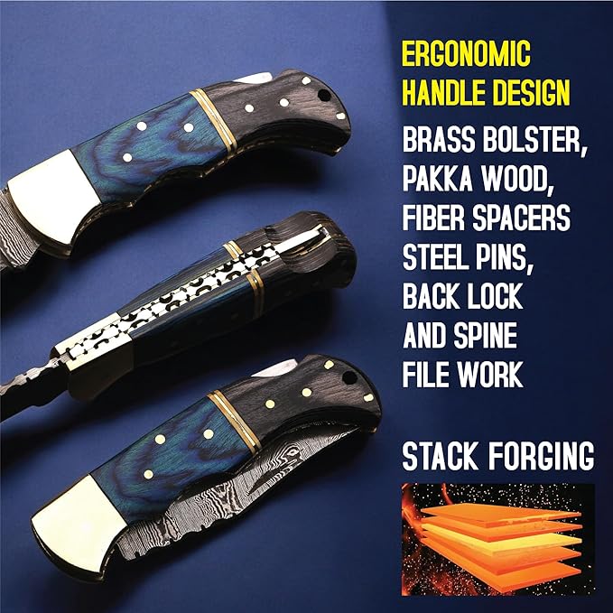 6.5 inch Damascus Pocket Knife with Sheath, Handmade Folding Pocket Knife for Men, Black-Red Wooden Handle with Brass Bolster, Secure Lock Back Camping Knife for EDC,Hunting,Hiking (Blue)