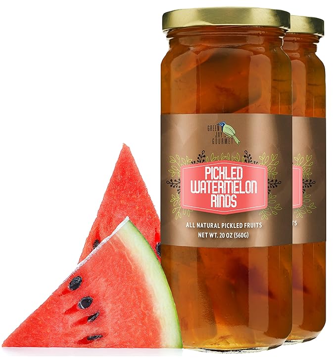Green Jay Gourmet Pickled Watermelon Rinds in a Jar - Fresh Hand Jarred Fruit for Cooking & Pantry ??Home Grown Pre-Prepared Pickled Watermelon ??Simple Ingredients - 2 x 20 Ounces