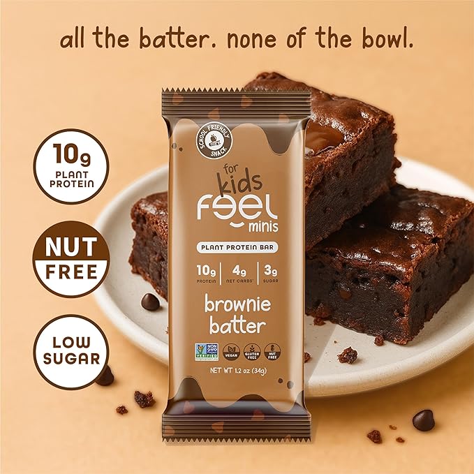Feel Bar Minis ??Kids Protein Bars | Brownie Batter ??12 Pack | 10g Plant Protein | 100 Calories | No Added Sugar | + Daily Veggies | Gluten Free, No Nuts, No Soy, No Dairy, No Grains