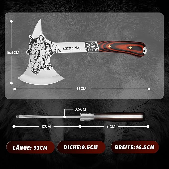 TIVOLI 13" Camping Axe, Wolf - Patterned Survival Hatchet with Nylon Sheath, High Carbon Steel Blade Compact Outdoor Bushcraft Axe with Ergonomic Wood Grip, Camping Gear for Hiking, Chopping, Hunting