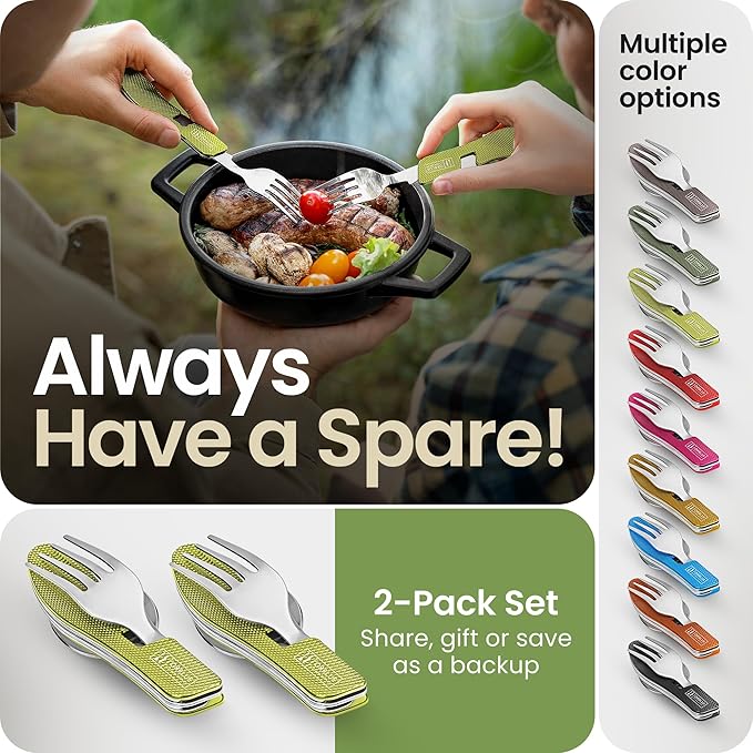 Orblue 4-in-1 Camping Eating Utensils, 2-Pack - Portable Spoon, Fork, Knife & Bottle Opener Combo Set - Stainless Steel Flatware with Detachable Fork - Travel, Backpacking Cutlery Multitool, Green