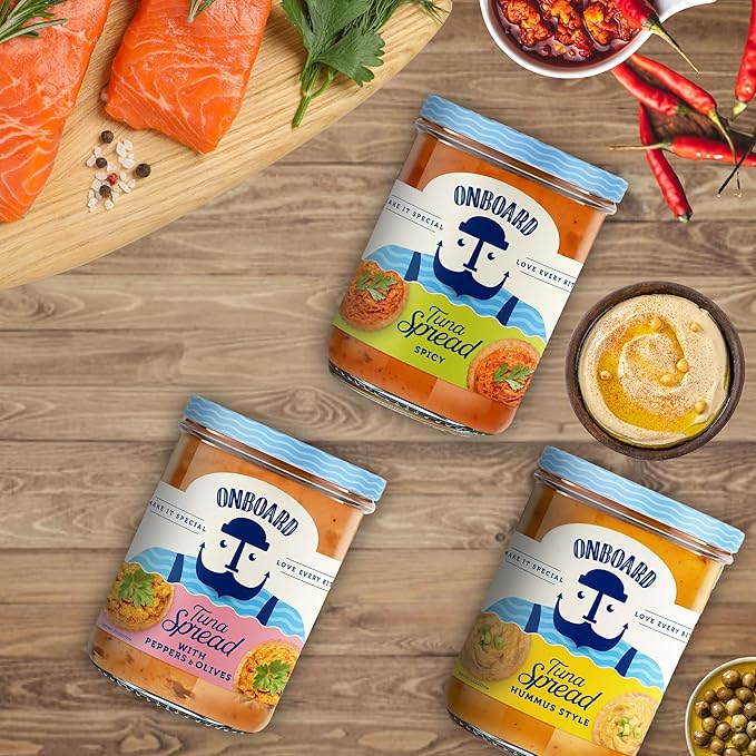 ONBOARD Yellowfin Assorted Tuna Spread 3 Pack 7.1 oz Jars (Spicy, Hummus Organic Style, with Pepper and Olives) - Irresistible High-Protein Snack, Wild-Caught Tuna - For Sandwiches, Chip Dips & Healthy Indulgences for Weight Loss Recipe - Dolphin Safe