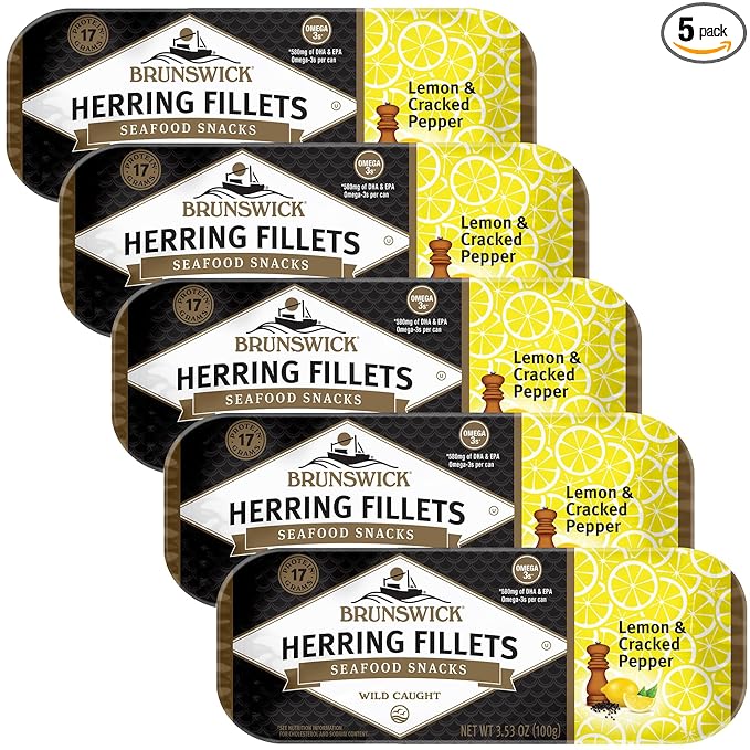 Brunswick Herring Fillets in Lemon & Cracked Pepper, 3.53 oz Can - 15g Protein per Serving - Gluten Free, Keto Friendly - Great for Pasta & Seafood Recipes (Pack of 5)