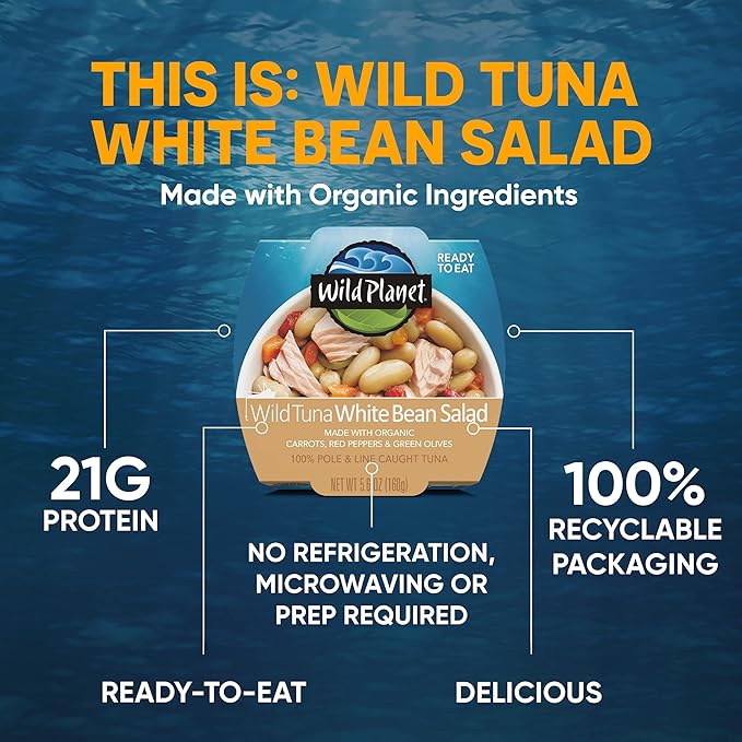 Wild Planet Ready-To-Eat Wild Tuna White Bean Salad With Organic Chickpeas, Carrots, Red Peppers & Green Olives 5.6oz (Pack Of 12)