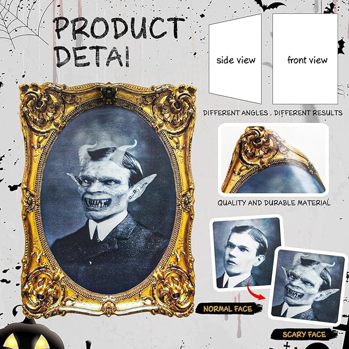 ECGER Halloween Decorations Indoor, Haunted Scary Decor - 3D Changing Face Pictures, Vintage Moving Wall Portraits Frame, For Horror Spooky Party Mansion Castle House Home Decoration(8 Pieces)