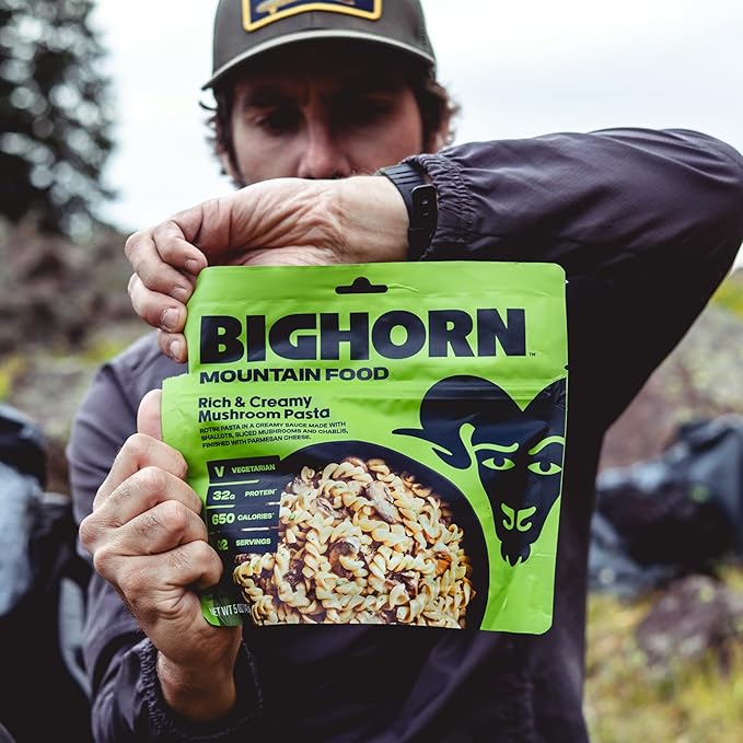 BIGHORN Mountain Food Vegetarian Creamy Mushroom Pasta - contains 4 packs | 8 servings | 128g Protein | 2,600 Calories - premium freeze dried meals for backpacking food - vegetarian backpacking meal - ideal camping meals just add water - great taste