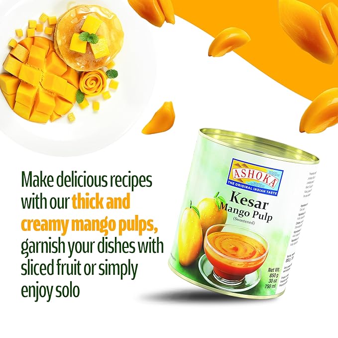 Ashoka Premium Mango Puree, Sweetened Kesar Mango Pulp, Great for Smoothies, Juices, Baking, and Eating as Whole, Rich Mango Concentrate from India, Kosher Certified, 30 Ounce (Pack of 3)