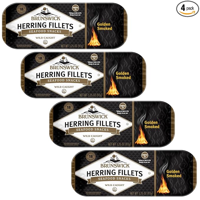 Brunswick Golden Smoked Herring Fillets, 3.25 oz Can - 18g Protein per Serving - Gluten Free, Keto Friendly - Great for Pasta & Seafood Recipes (Pack of 4)