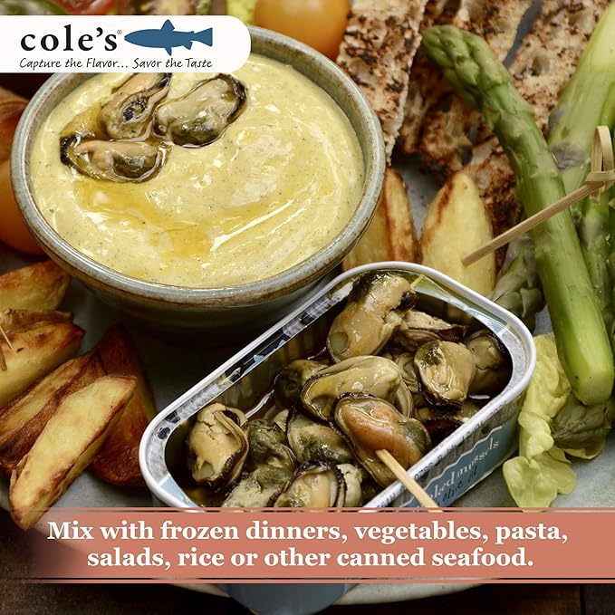 Cole?™s Patagonian Smoked Mussels Canned with Lemon & Garlic in Extra Virgin Olive Oil | 4oz Hand-Packed Tinned Mussels | 14g Protein | Single Unit