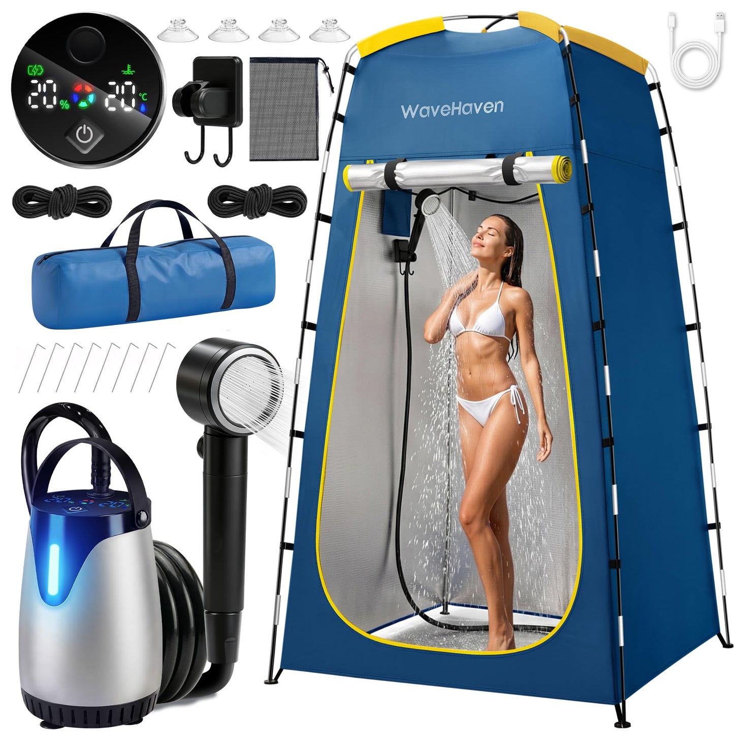WaveHaven Portable Camping Shower, Portable Shower with Tent, 8000mAh Rechargeable Camp Shower Pump