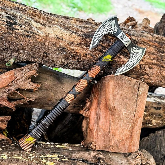 MDM-012 Custom Hand Forged Viking Axe Real Tomahawk Viking Hatchet Beared Camping Axe, 5160 HIGH Carbon Steel Blade, Throwing Set Vintage Ax Viking Gift for Him Ax