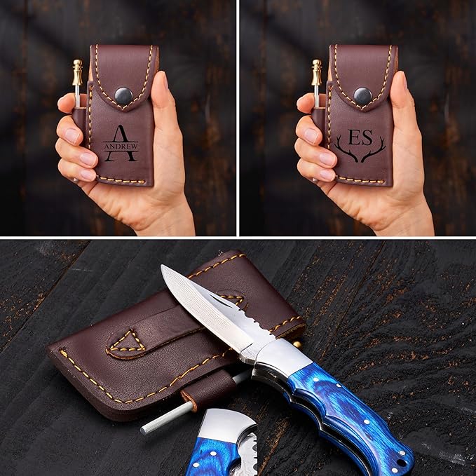 Personalized Folding Knife, Damascus Brown Pocket Knife, Custom Gift for Grandpa, Uncle, Brother, Dad, Husband, Boyfriend, Groomsman, Hunting, Father’s Day, Birthday, Anniversary, Christmas Gift