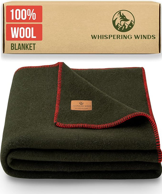 Whispering Winds 100% Wool Blanket - Premium Ultra-Soft, Thick, Warm, Large 60″x 84″ Bed & Camping Blanket for Indoor, Outdoor, Bushcraft & Survival