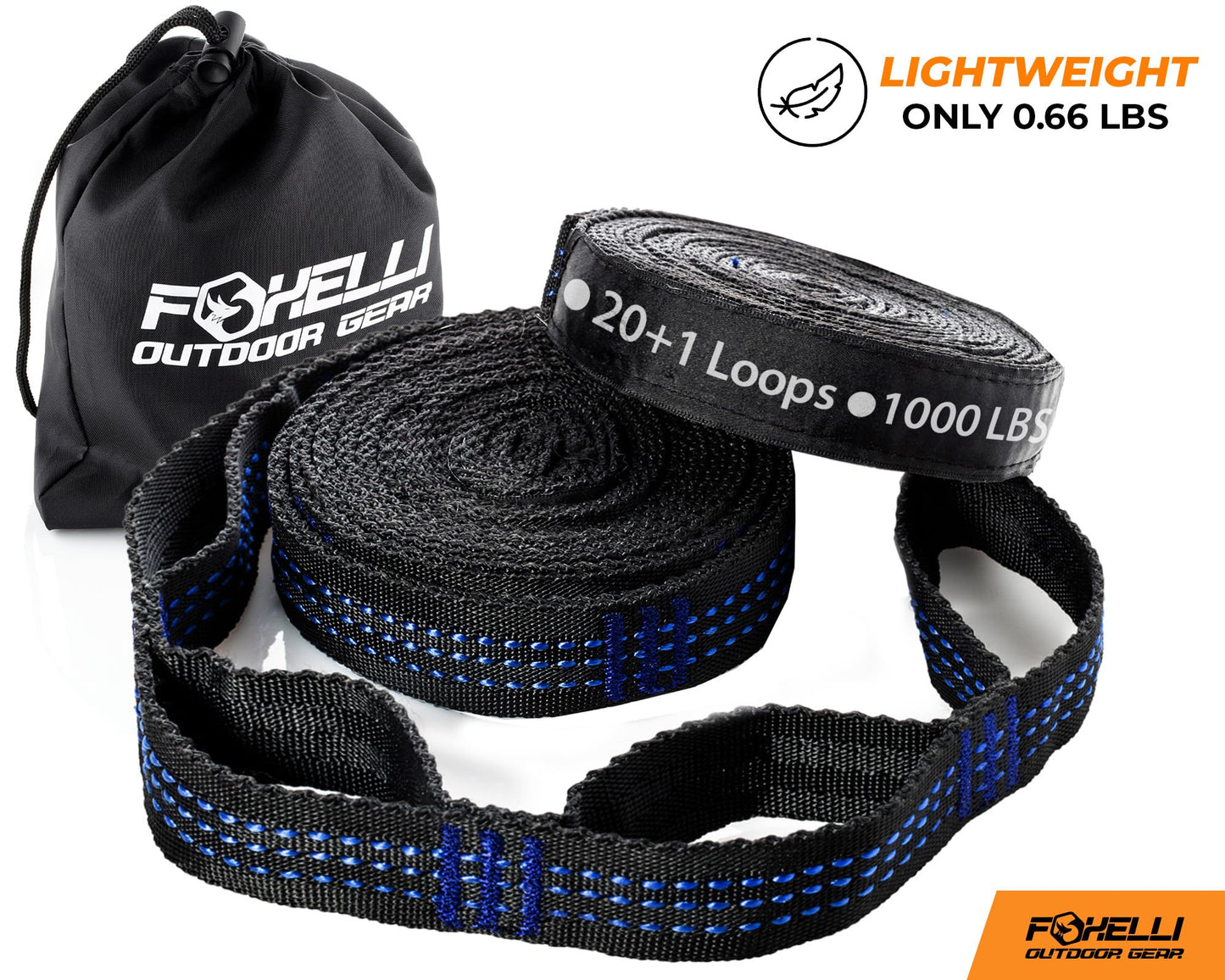 Foxelli XL Hammock Straps - Extra Long 20FT Heavy Duty No-Stretch Suspension System, 40+2 Loops