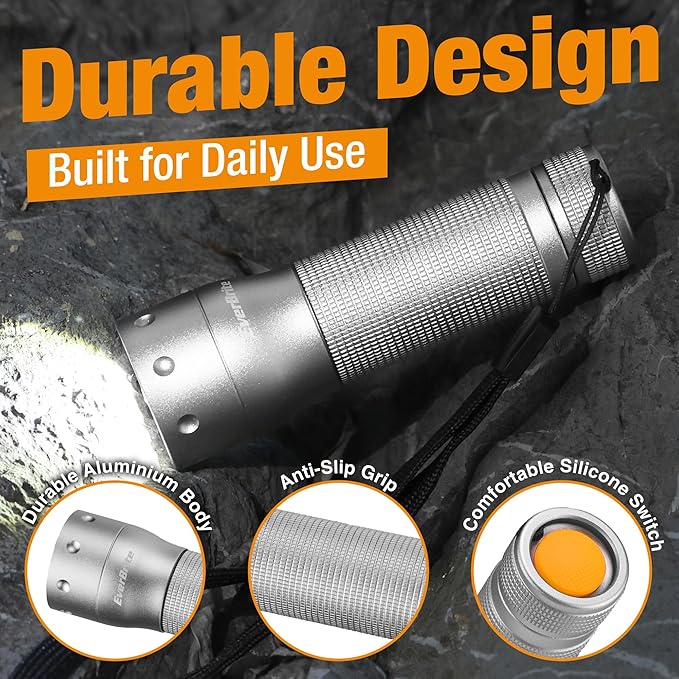 EverBrite Mini LED Flashlight, Zoomable High Lumens 350LM, 3 Modes, 3AAA Batteries Included, Compact Handheld Flash Light for Camping, Emergency, Home ??Grey