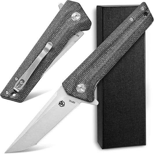 FF4 Folding Knife, AUS-10 Steel Blade Micarta Handle Knife for Outdoor Camping Hunting Fishing Survival(Black)