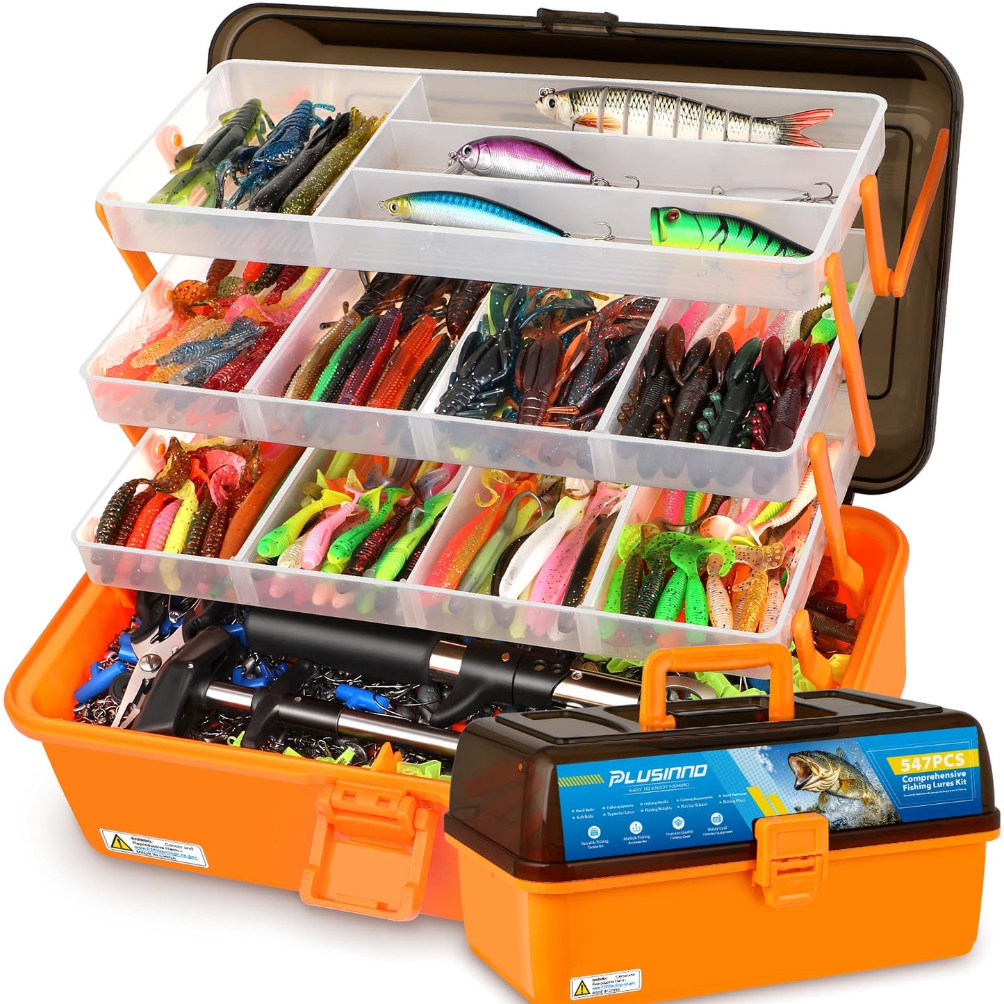 PLUSINNO Fishing Tackle Kit, Large 12X Spacious 4-Layer Tackle Box, 547 Pcs
