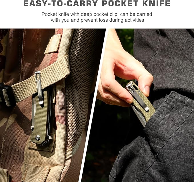 Folding Pocket Knife Handfeel, 9Cr18MoV Blade with G10 Durable Handle, Everyday Carry EDC Knife with Pocket Clip, Sharp Camping Practical knives