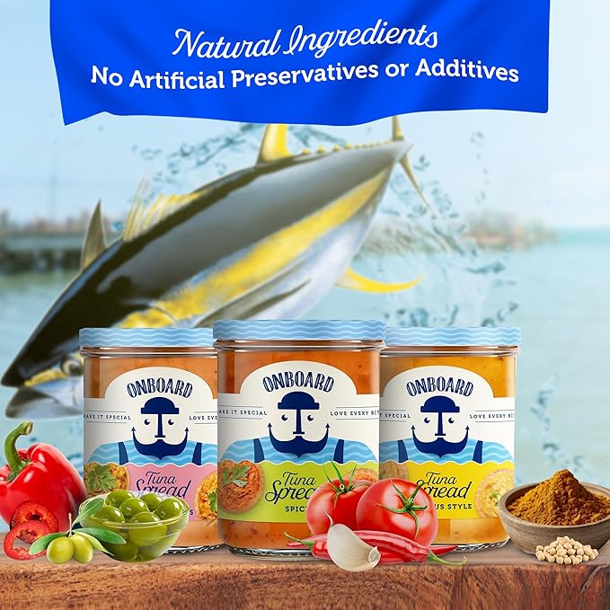 ONBOARD Yellowfin Assorted Tuna Spread 3 Pack 7.1 oz Jars (Spicy, Hummus Organic Style, with Pepper and Olives) - Irresistible High-Protein Snack, Wild-Caught Tuna - For Sandwiches, Chip Dips & Healthy Indulgences for Weight Loss Recipe - Dolphin Safe