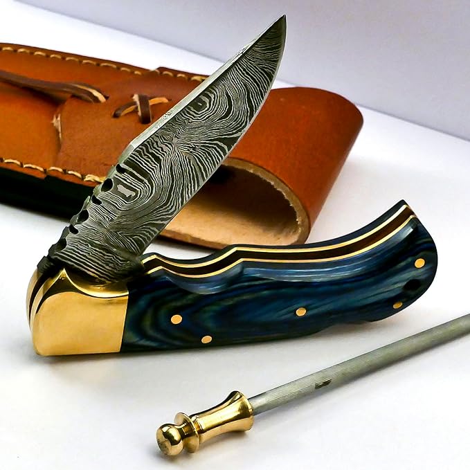 Retirement Gifts for Men - Personalized Damascus pocket knife with sheath - Custom Engraved 2025 Retirement Gifts for Him, Dad, Husband, Boss, Coworker - Best Mens Retirement Gift Ideas