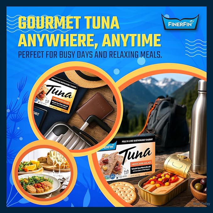 FinerFin Yellowfin Tuna In Organic Olive Oil ??Mexicana Salad Flavor (4.4oz can - 6 Pack); Premium Canned Fish with EVOO, Gourmet Ready-to-Eat Fillets, Wild-Caught
