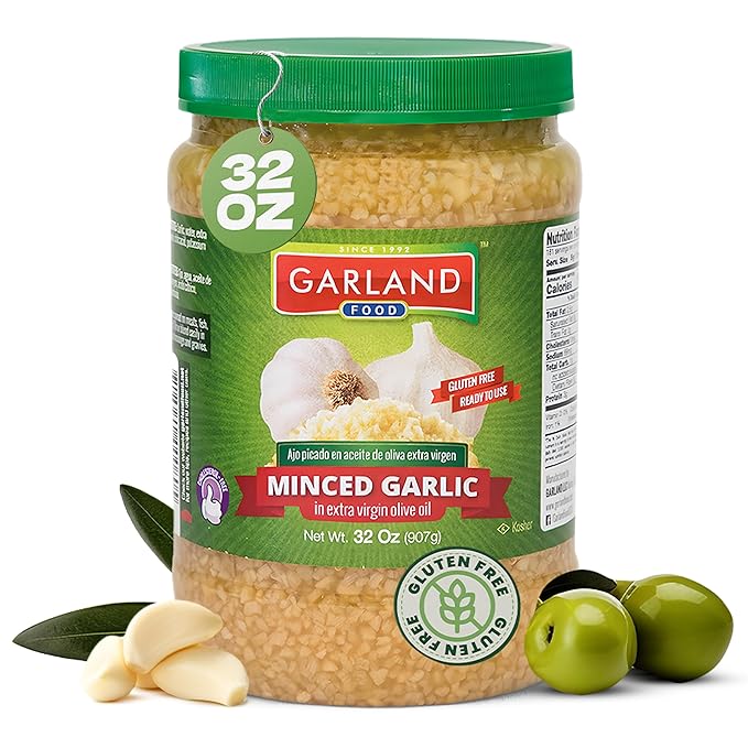Garland Food Minced Garlic in Jar in Olive Oil 32 oz ??Made in the USA ??Minced Garlic in Olive Oil Ready to Use for Cooking & Marinades