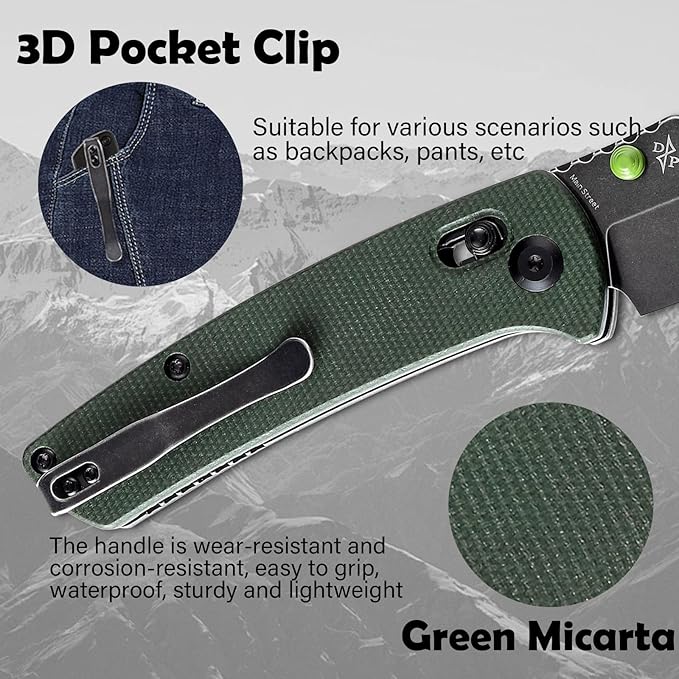 KANSEPT MainStreet Pocket Folding Knive,3.36''Black Ticn Coated 154CM Sharp Steel Blade,Green Micarta Handle with Axis Lock and Thumb Stud,Perfect Clip for Camping Hiking Fishing Everydaycarry T1015v6