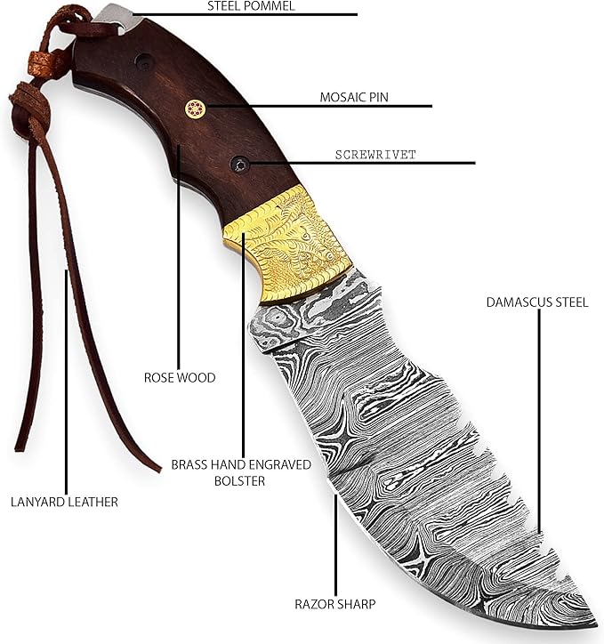 Dessi Tracker Knife: Hand-Forged Damascus Steel Blade - Perfect for Hunting, Camping, Tactical & Survival Use - With Horizontal Carry-Back Leather Sheath for Men SM71