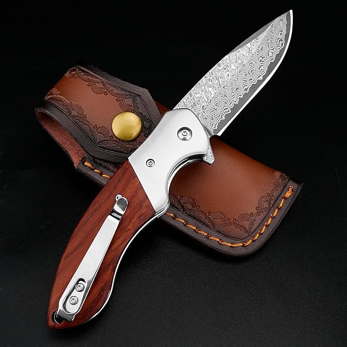 KOMWERO Damascus Pocket Knife, Sharp Damascus Steel Knife with Core VG10 Steel Blade Wood Handle, Folding Knife with Clip for Men Hunting, 60 HRC