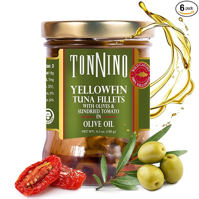 Tonnino Yellowfin Tuna Fish ??Pack of 6, Tomato & Olives, in Olive Oil ??Pack of 6 ??Alternative to Salmon ??Protein Snacks ??Ready to Eat Meals