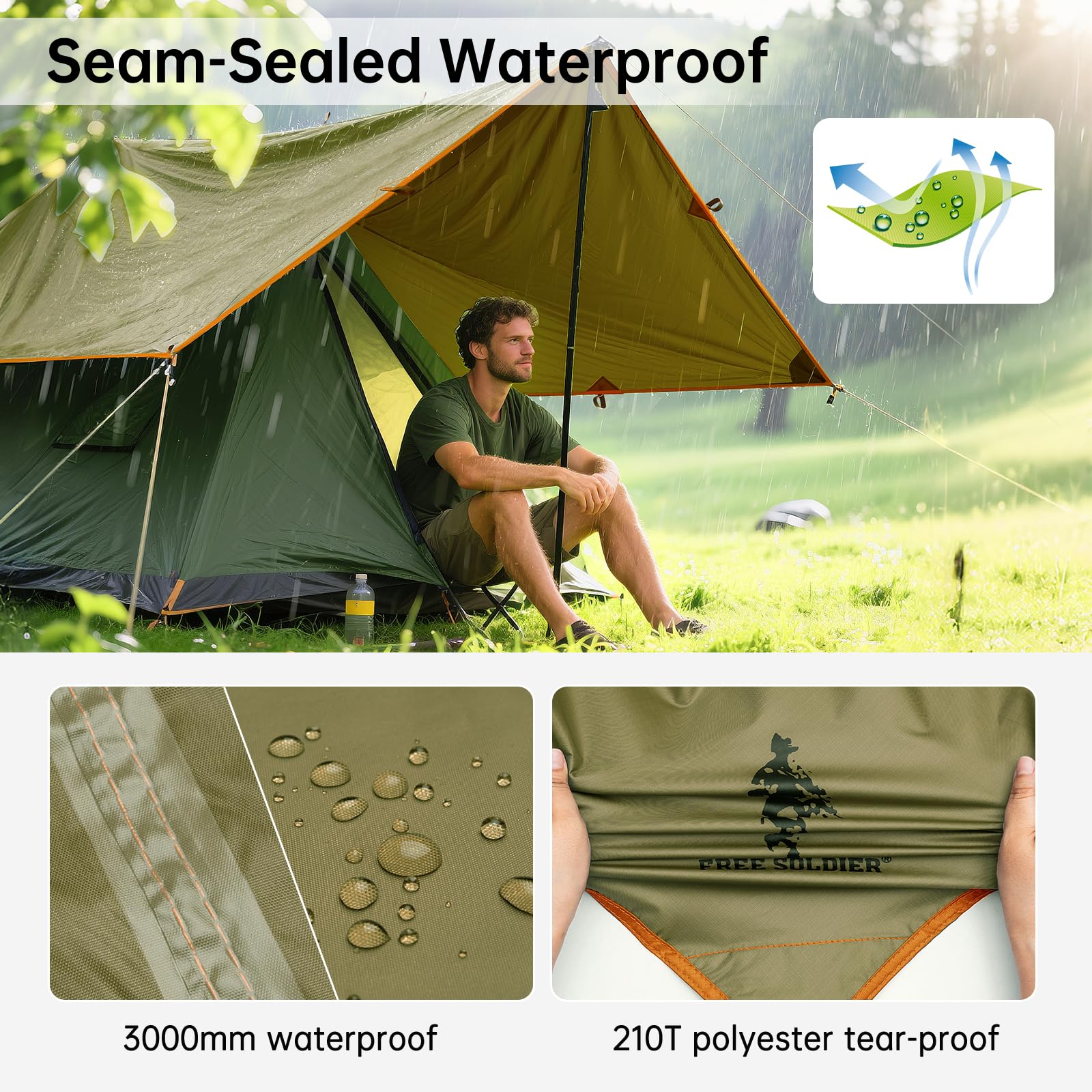 FREE SOLDIER Waterproof Camping Tarp Shelter Awning(Brown 13×13ft)