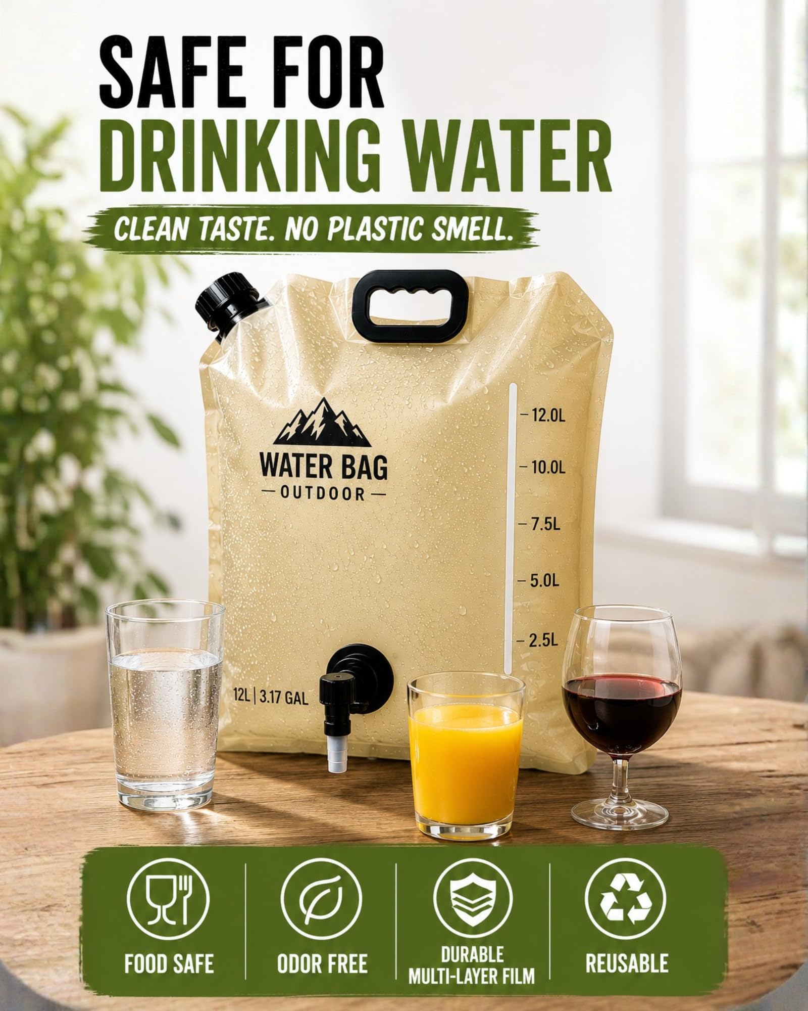 CoreMuse 3.17 Gallon/12L Collapsible Water Container with Spigot, Foldable Water Storage Bag for