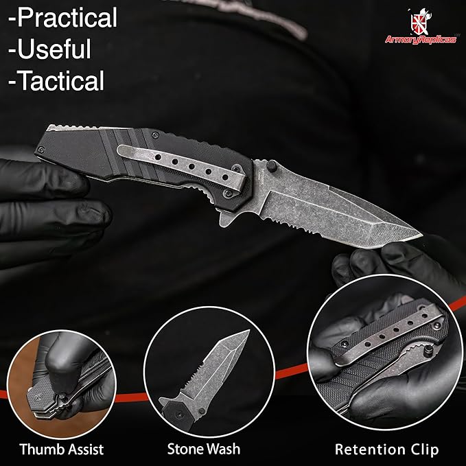 Armory Replicas??Alpha Force Tanto Spring Assisted Knife ??3CR13 Steel Blade, Stonewash Finish, G10 Handle, Pocket Clip ??EDC Folding Knife