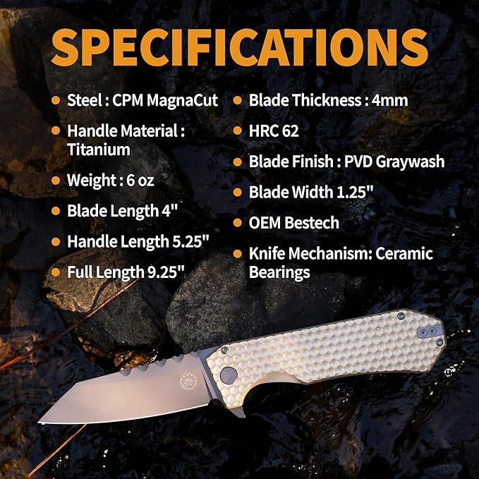Off-Grid Knives - MAMBA V3, Large EDC Knife with MagnaCut Blade Steel, Titanium Scales and Hardware, Manual Ball Bearing Flipper, Four Finger Grip, Deep Pocket Carry (Coyote Gold)