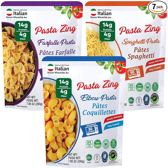 Pasta Zing Microwavable Variety Pasta Pack of 7 | 2x Elbow | 2x Farfalle, 3x Spaghetti | Microwave Pasta Ready To Eat in 60 Sec - Fully Cooked -100% Durum Wheat 7.05 Ounce
