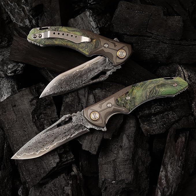 VG10 Damascus Steel Folding Knife, Stable Wood with Leather cover and pocket clip, Outdoor Survival Knife Portable EDC Camping, can be used as a gift