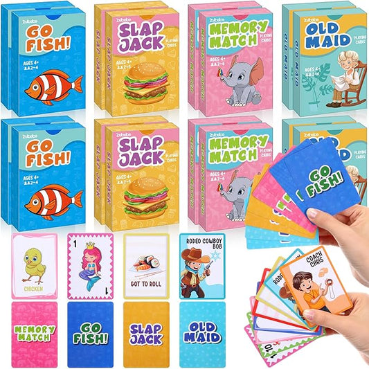 Zubebe 16 Decks Kids Card Games Bulk Classic 4 In1 Includes Go Fish, Old Maid, Memory Match, Slap Jack Playing Card Game Set for Toddlers Family Game Night Basket Stuffers Party Favors