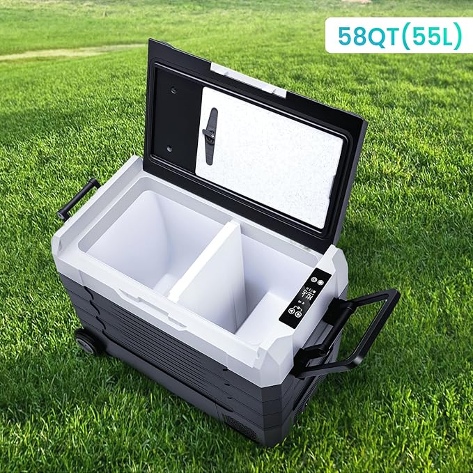12V Car Refrigerator 58QT(55L) Car Fridge Portable Freezer Electric Cooler with Wheels 12/24V DC 110-240 Volt AC for Truck Van RV Camper SUV Travel Camping Road Trips Tailgating -4℉~68℉﻿
