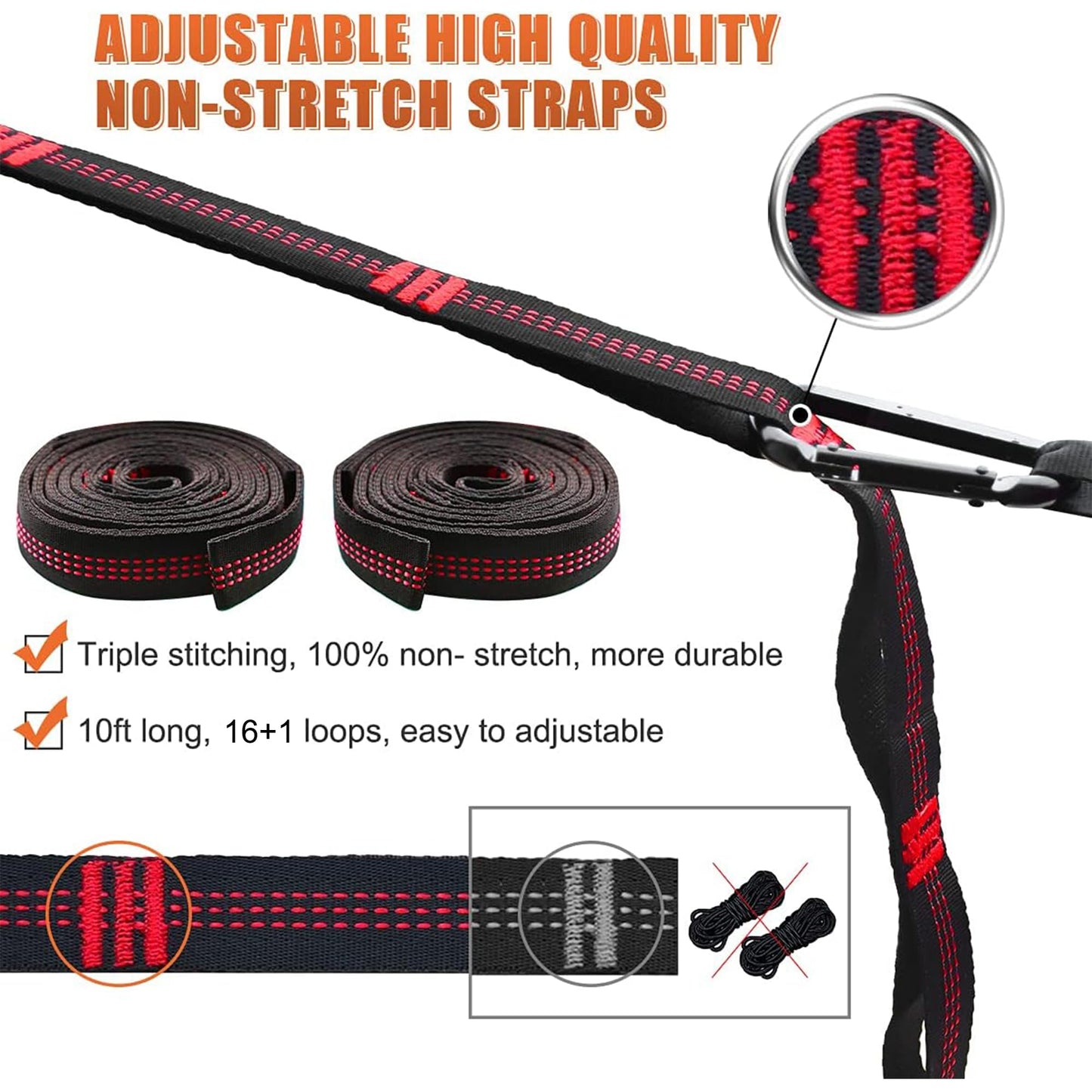 Hammock Tree Straps, Portable 10 FT Long 16+1Loops Adjustable Suspension Straps, 100% No