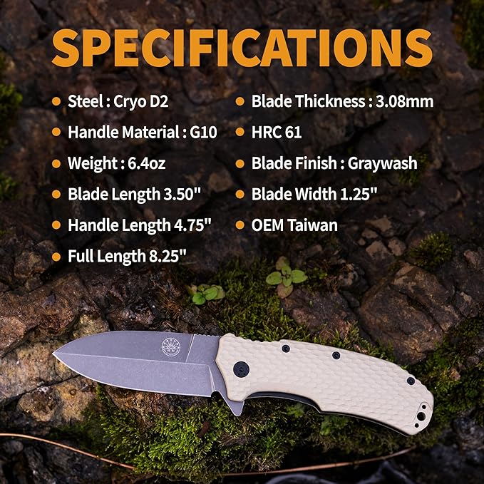 Off-Grid Knives - Rapid Fire Stinger, Assisted Spear Point Blade, Hard Use Build, Tactical, Camping & Survival EDC, Cryo D2 Steel, G10 Scales, Deep Pocket Carry (Coyote)