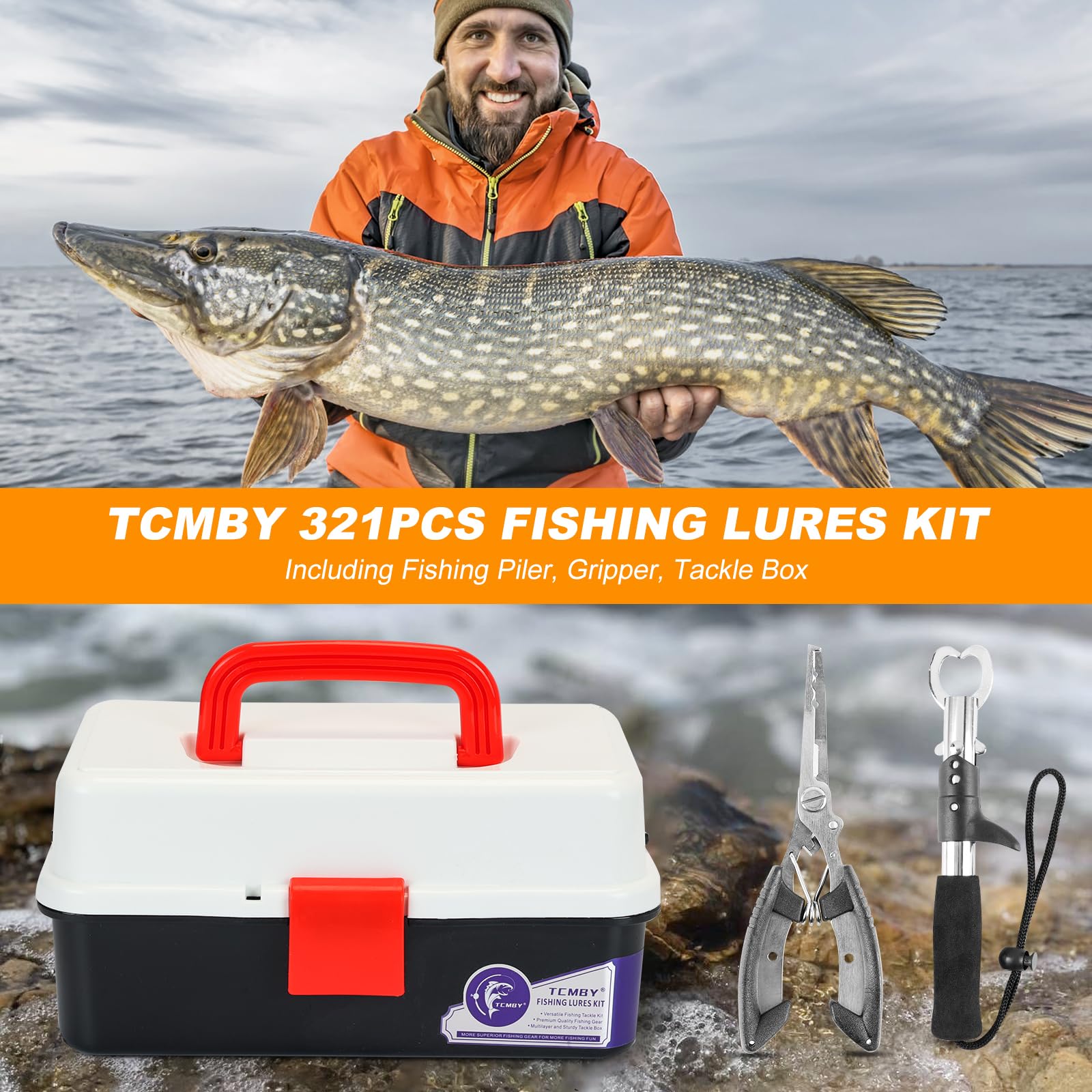 TCMBY 3 Layers Tackle Box with Tackle Included, 321Pcs Fishing Lures Kit Contains Pliers