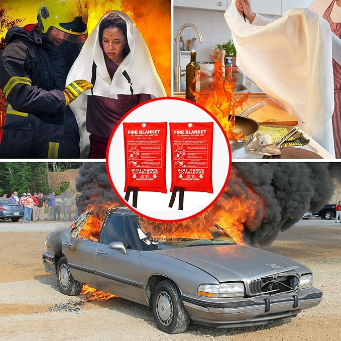 Fire Blanket for Kitchen Home Emergency - Fiberglass Blankets Fire Survival Suspension Flames Retardant Extinguisher Great for Stove Car Garage Office Camping Caravan BBQ Safety (4-Pack)