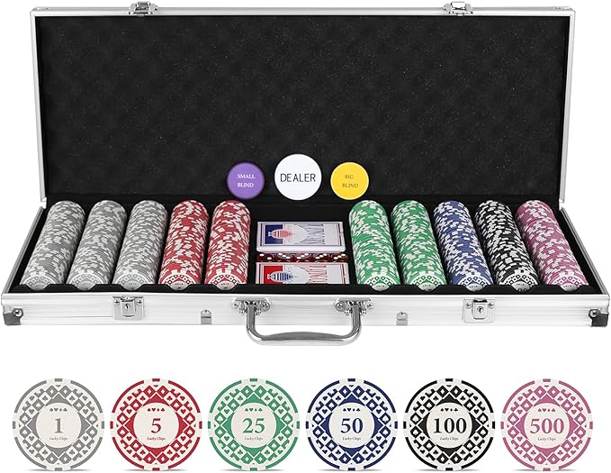 SHANTRA 500 PCS Poker Chips Poker Sets with Aluminum Case, Texas Hold?™Em Poker Set with 11.5 Gram Numbered Chips, Casino Chip Sets with 2 Decks of Plastic Playing Cards for Blackjack Gambling Games